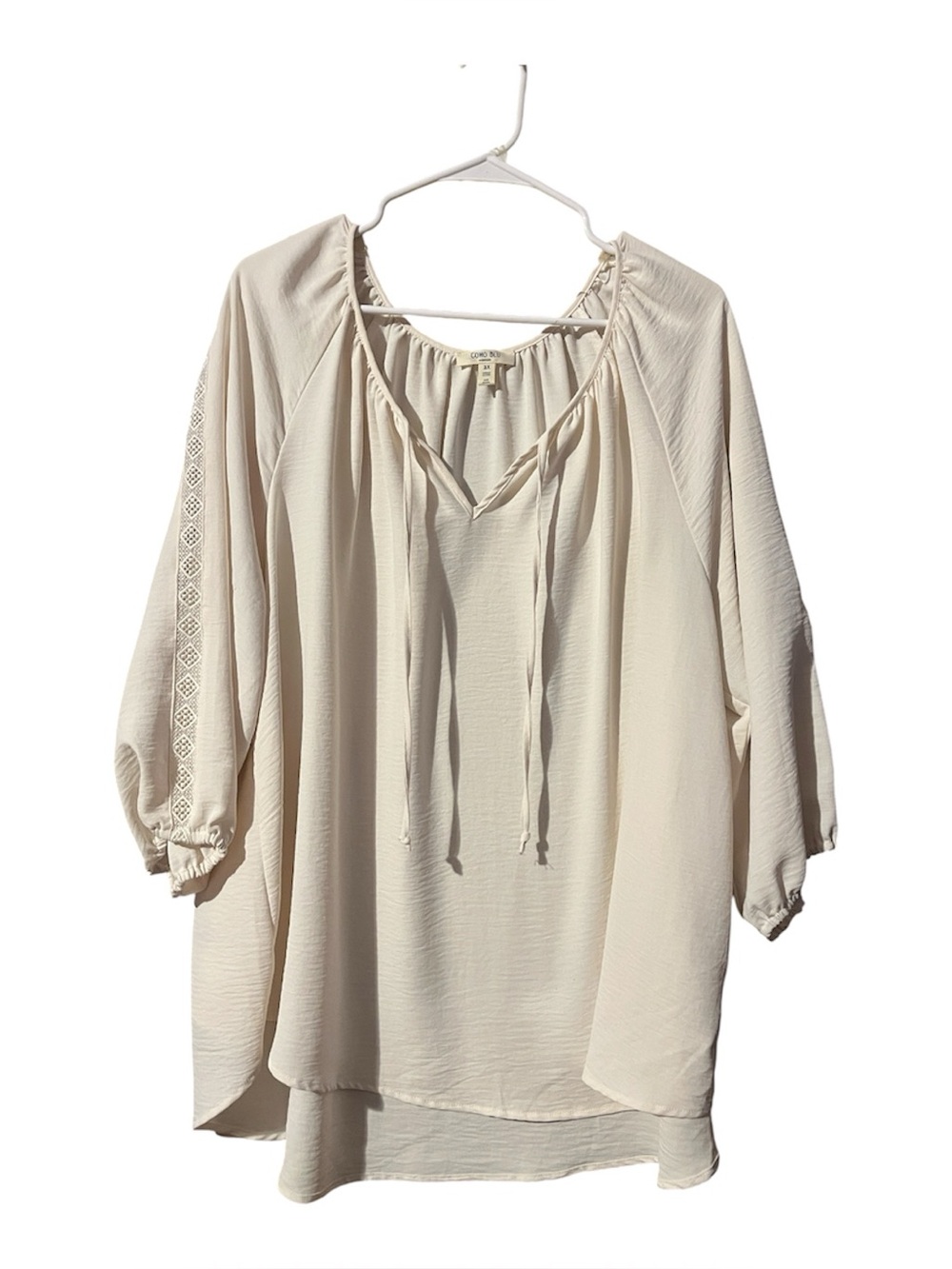 Como Blu Cream Flowy Peasant Bohemian Blouse with Crochet Detail